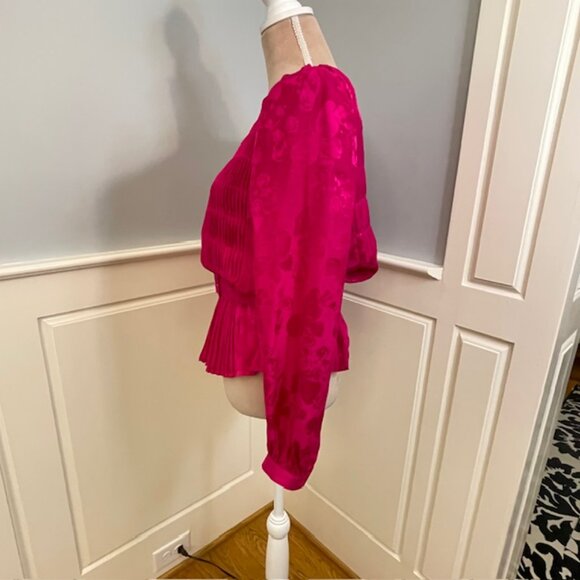 Vintage Argenti 100% Silk Satin Pleated Peplum Blouse Puff Sleeve Pink 12 - Picture 6 of 10